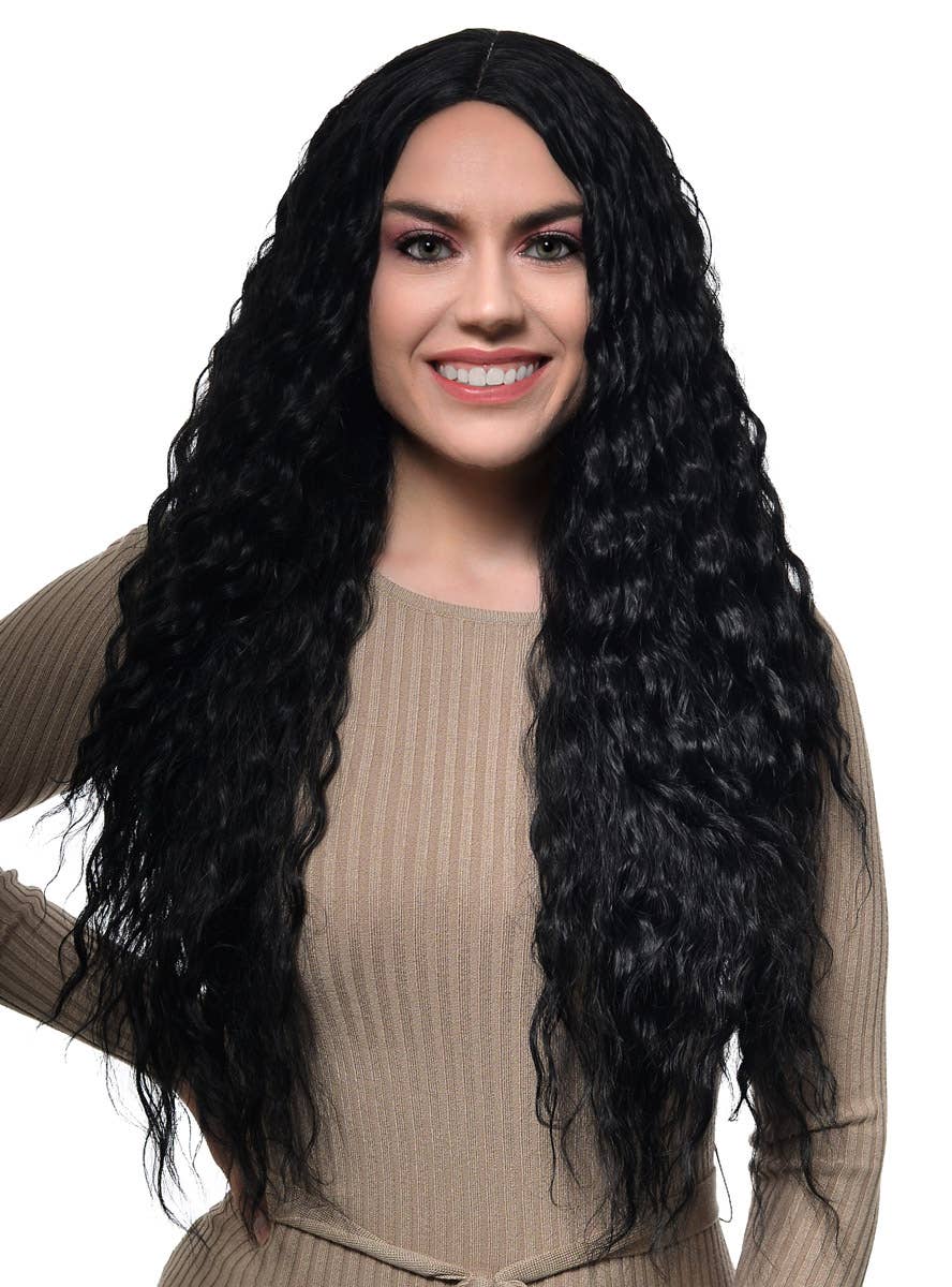 Women's Long Black Synthetic Fashion Wig with Tight Waves - Front Image