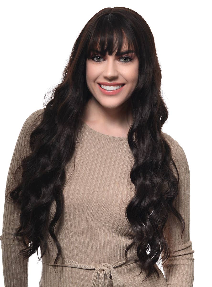 Extra Long Womens Loose Waves Dark Brown Fashion Wig with Fringe and Skin Top - Front Image