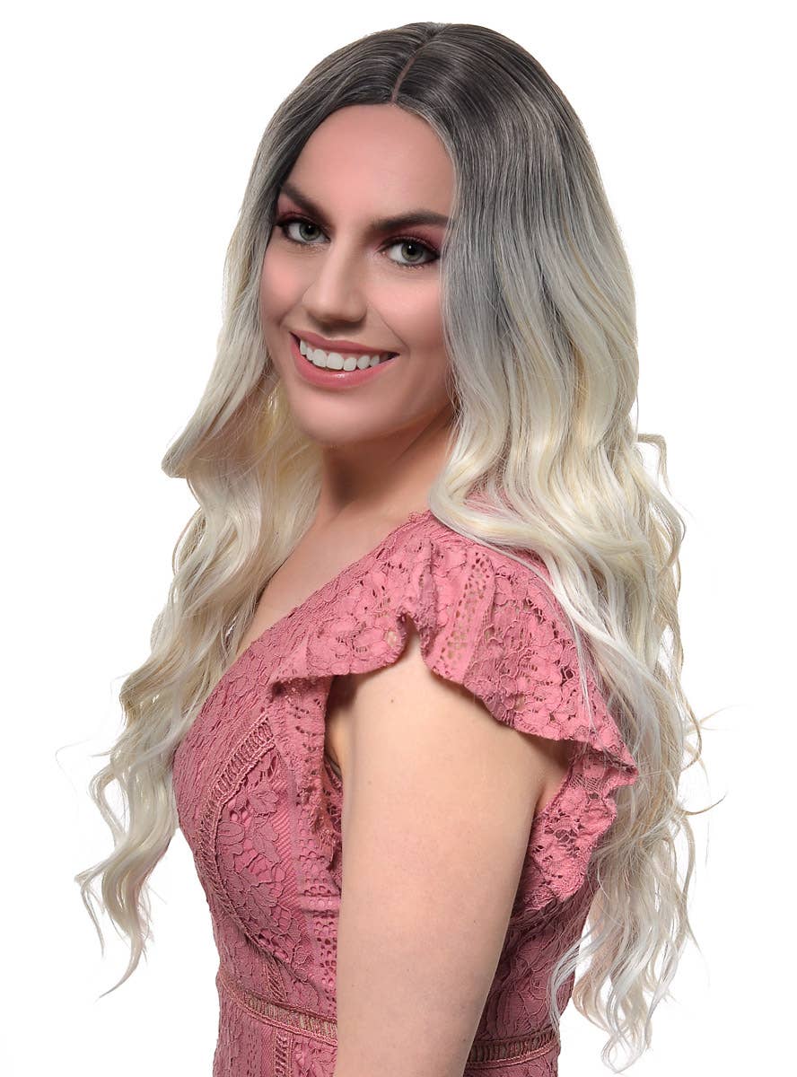 Women's Platinum Blonde Ombre Fashion Wig with Caramel Streaks and Lace Part - Side Image