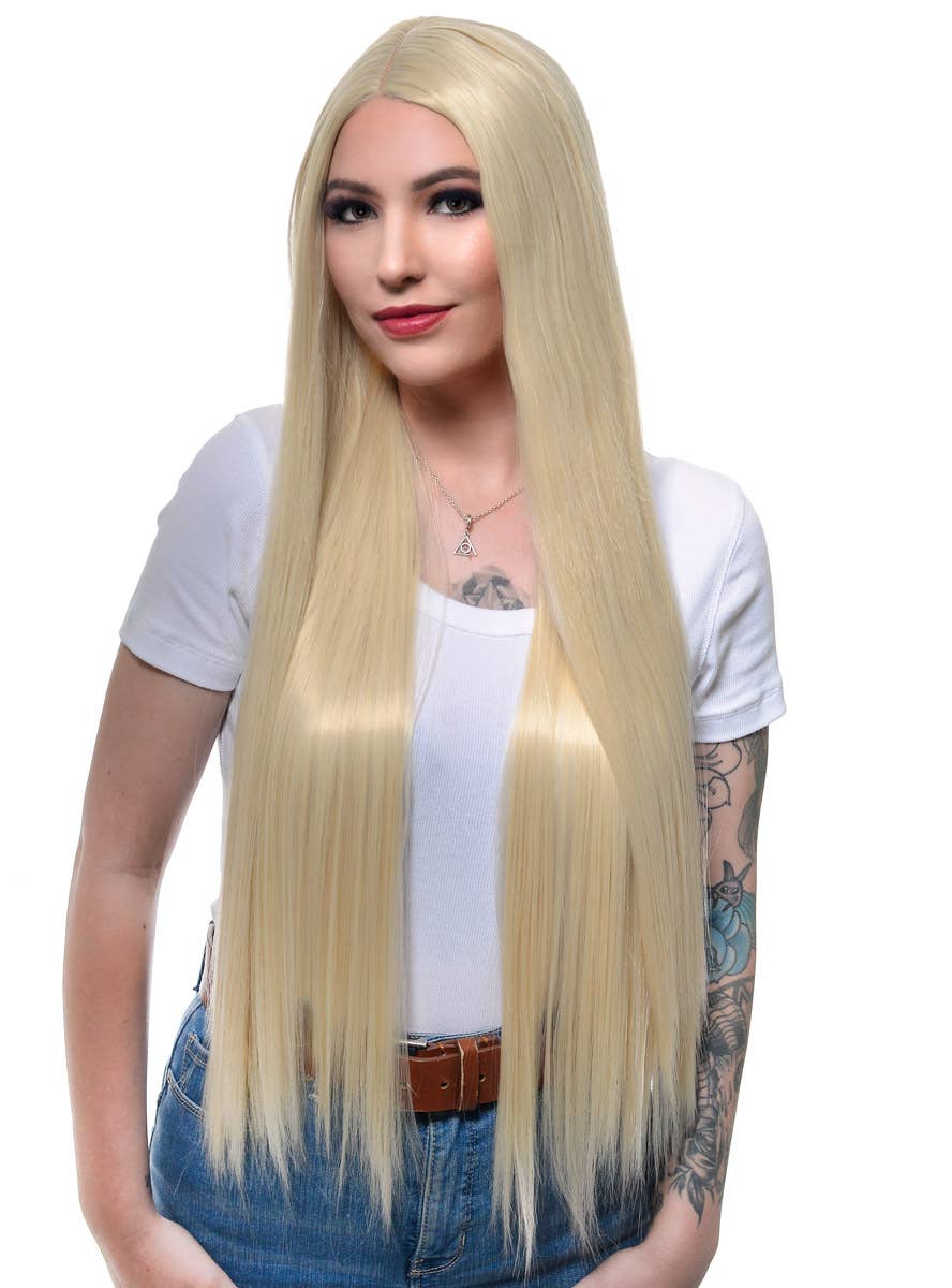 Bleach Blonde Women's Extra Long Synthetic Fashion Wig with Lace Part - Front Image
