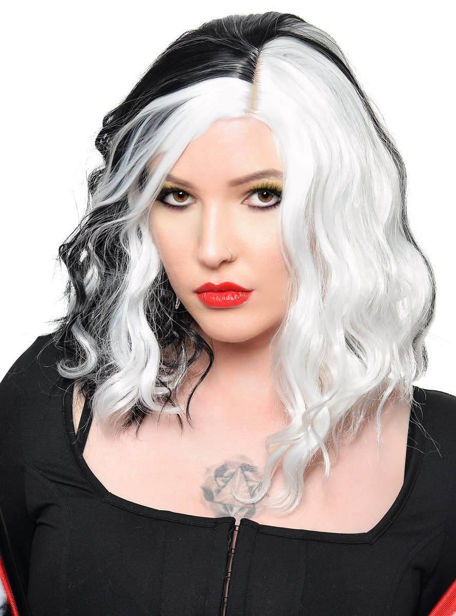 Mid-Length Wavy Black and White Split Colour Cruella De Vil Costume Wig with Skin Part - Front View