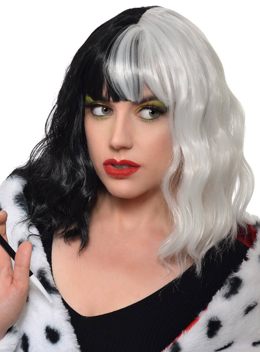 Wavy Mid-Length Black and White Split Colour Cruella Character Wig with Fringe - Front View