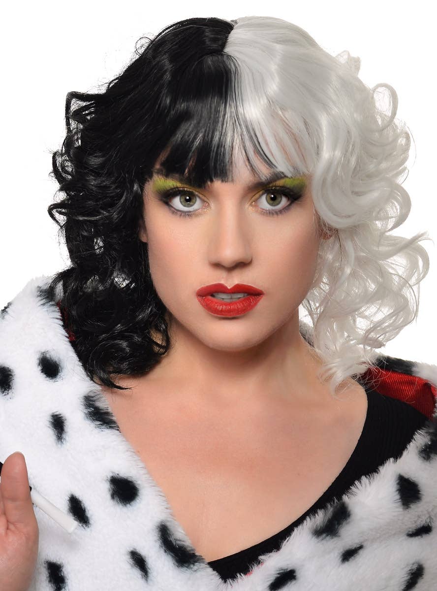 Curly Black and White Split Colour Cruella Costume Wig with Fringe - Front View