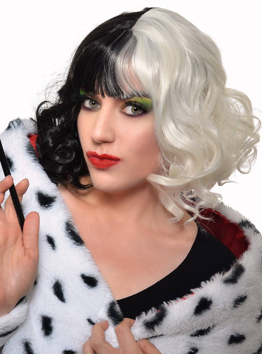 Short Curly Heat Resistant Black and White Split Colour Cruella Costume Wig with Fringe - Front View