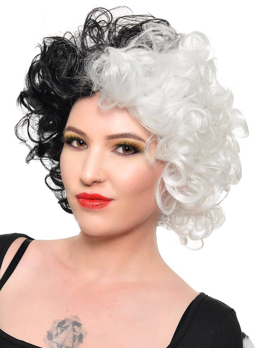 Extra Short Curly Black and White Split Colour Cruella Costume Wig - Front View