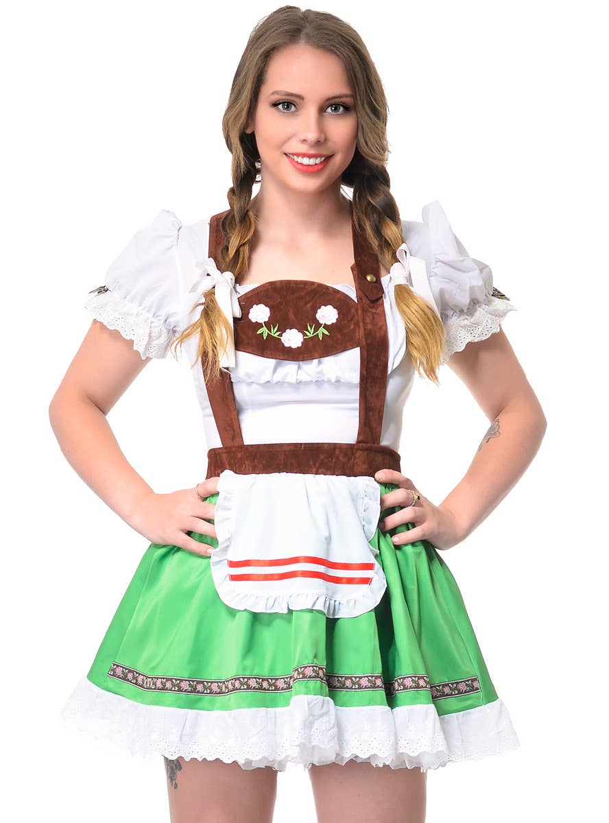 Bavarian Beer Wench Womens Short Green and White Oktoberfest Costume Dress Close Up Image