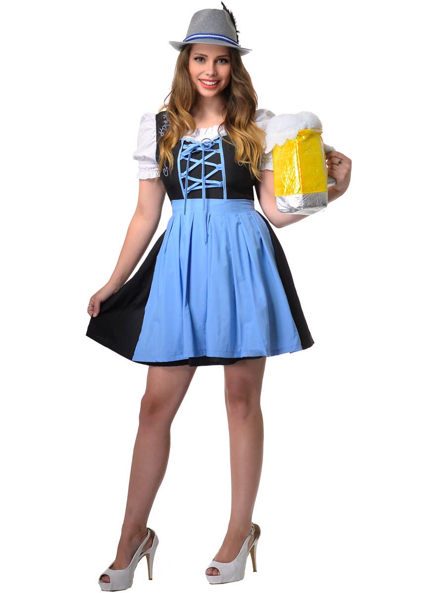 Blue and Black Mid Length Women's Beer Wench Oktoberfest Costume Front Image