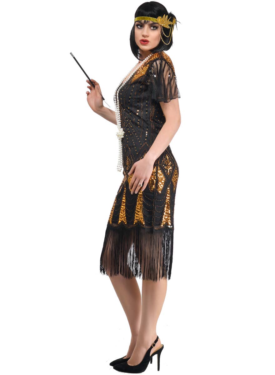 Women's Black and Gold Sequin Great Gatsby Costume - Side Image