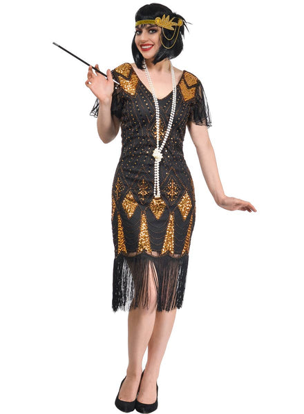 Women's Black and Gold Sequin Great Gatsby Costume - Main Image