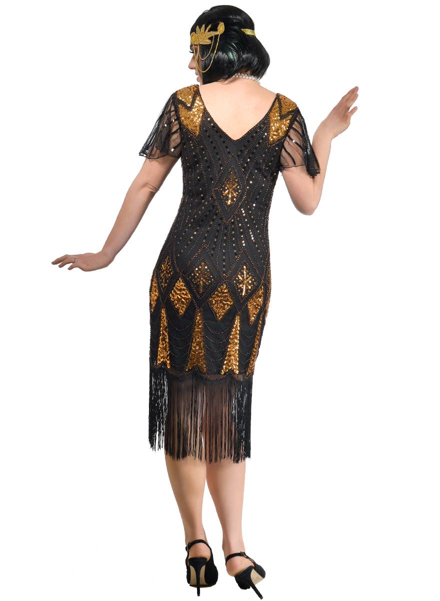 Plus Size Women's Black and Gold Sequin Great Gatsby Costume - Back Image