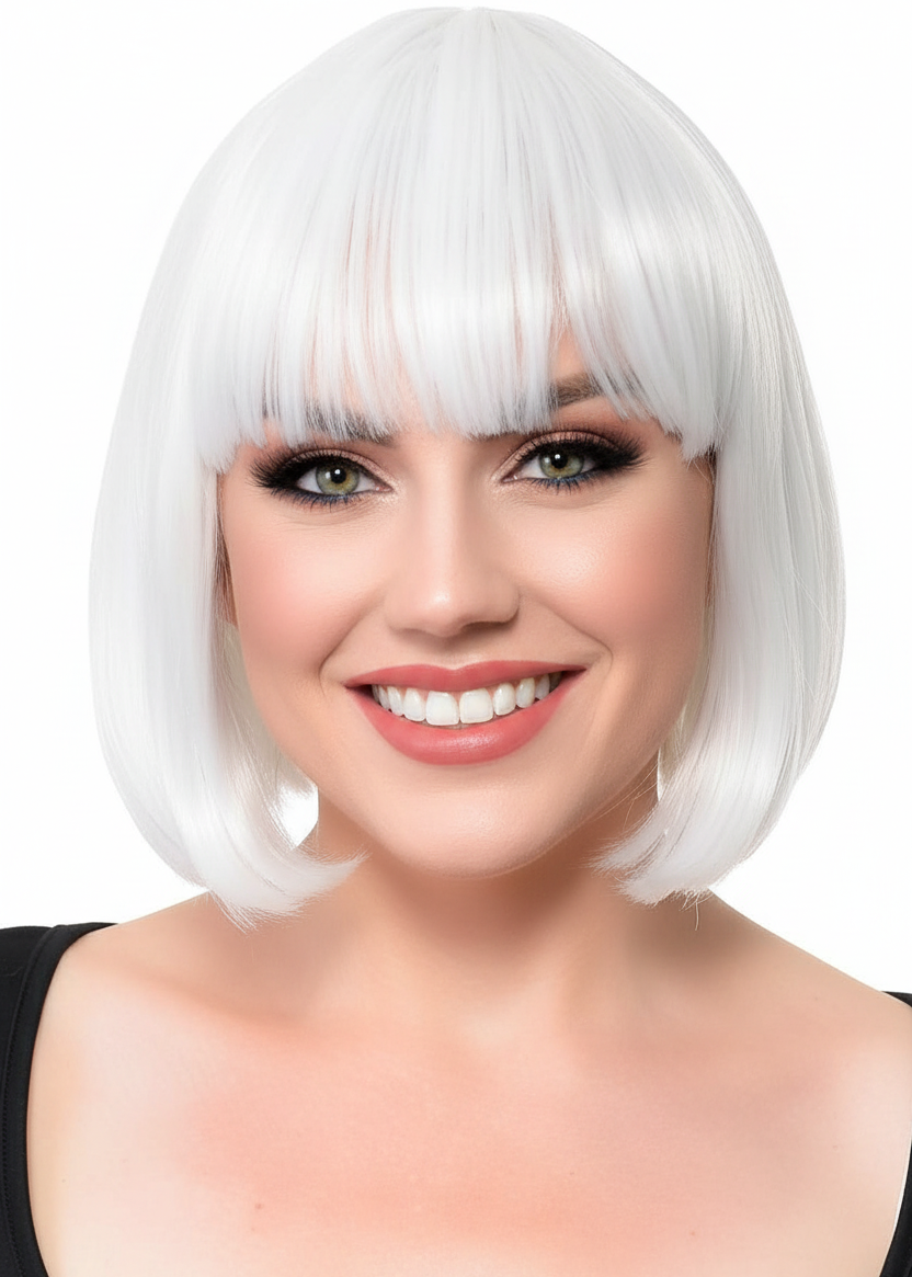 Short White Heat Resistant Bob Women's Costume Wig with Fringe - Main Image