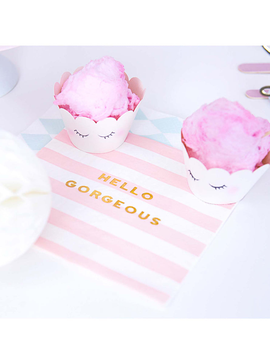 Hello Gorgeous 20 Pack Pink and White Striped Lunch Napkins - Lifestyle Image 2
