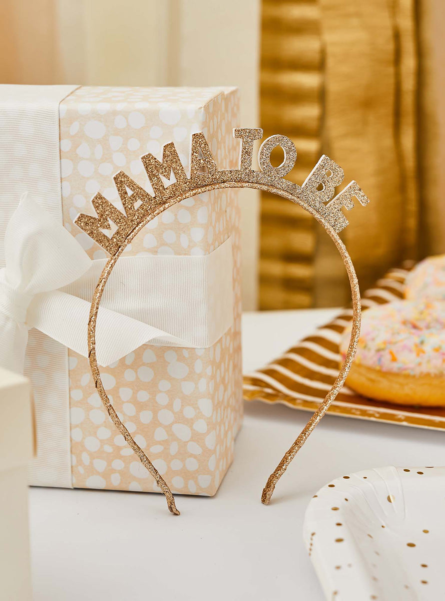 Hello Little One Gold Glitter Mama to Be Baby Shower Headband - Lifestyle Image 1