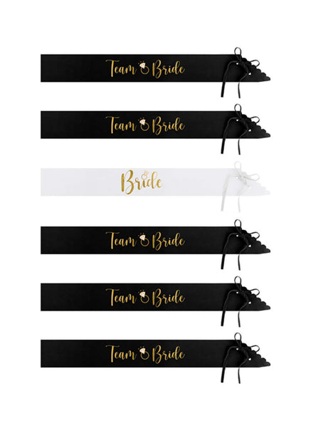 Hens Night 6 Pack Black and White Bride and Team Bride Sash Set - Main Image