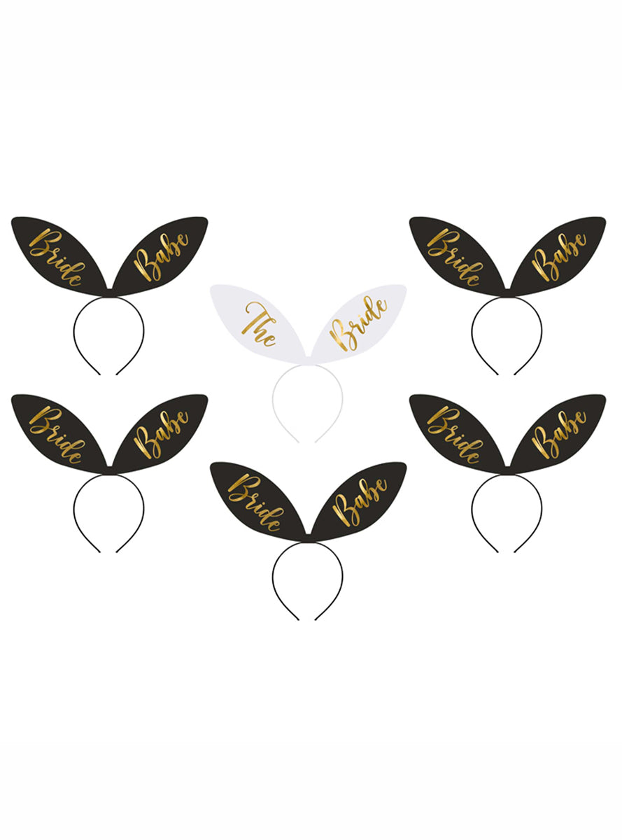 Hens Party 6 Pack Bride and Bride Babe Black and White Headbands - Main Image