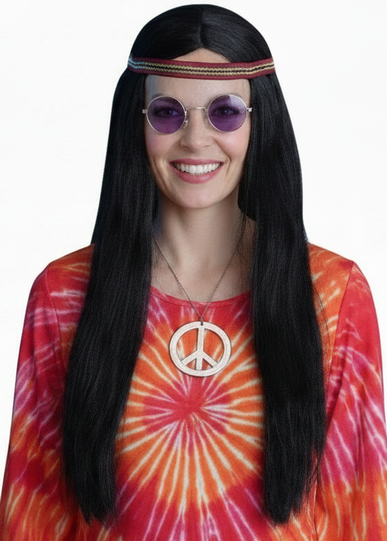 Womens Long Black Hippie Girl Costume Wig With Headband - main image