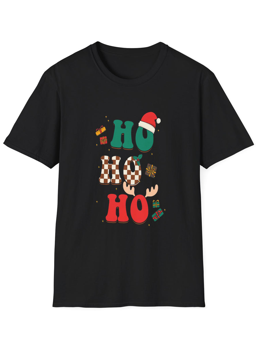 Adults Black Plus Size Christmas T-Shirt with Ho Ho Ho with Antlers Print