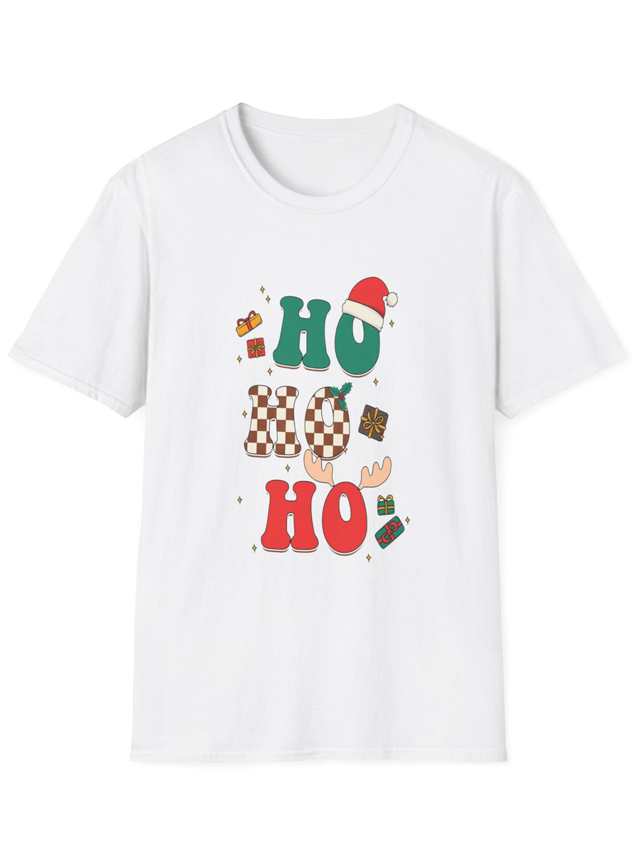 Adults White Christmas T-Shirt with Ho Ho Ho with Antlers Print