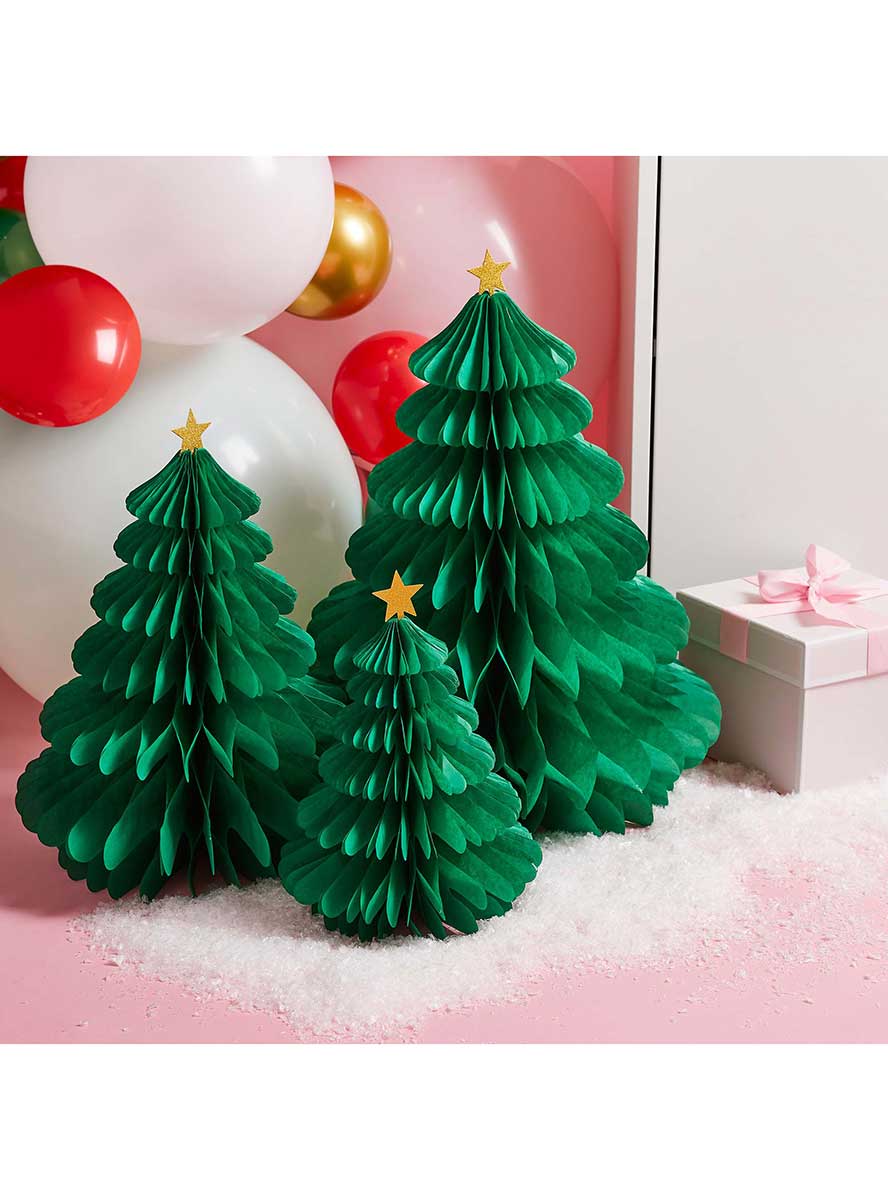 Holly Jolly Christmas Green Honeycomb Xmas Trees 3 Pack – Lifestyle Image 1