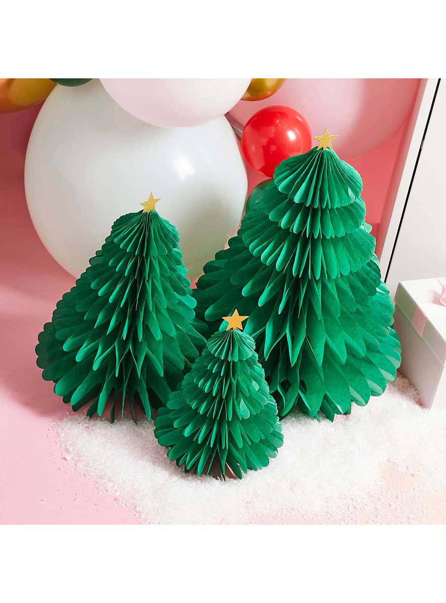 Holly Jolly Christmas Green Honeycomb Xmas Trees 3 Pack – Lifestyle Image 2