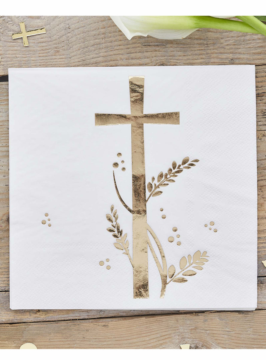 Holy Communion 16 Pack White and Gold Lunch Napkins - Lifestyle Image 2