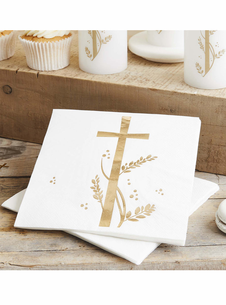 Holy Communion 16 Pack White and Gold Lunch Napkins - Lifestyle Image