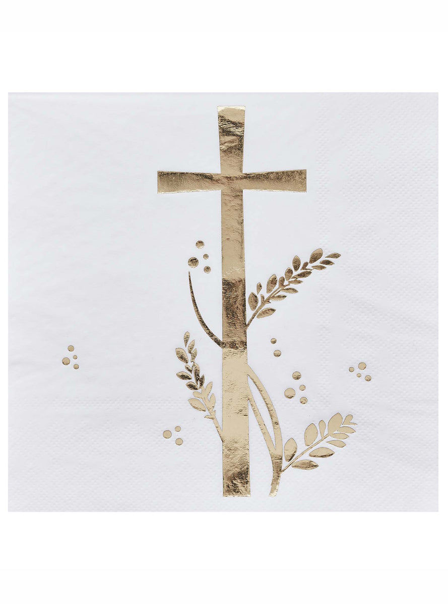 Holy Communion 16 Pack White and Gold Lunch Napkins - Main Image