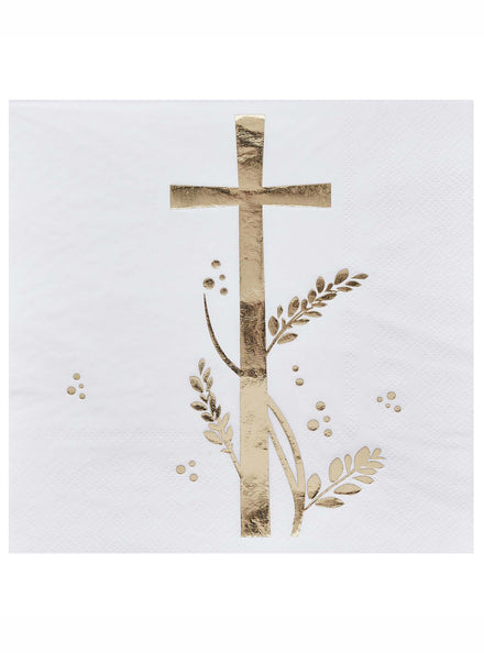 Holy Communion 16 Pack White and Gold Lunch Napkins - Main Image
