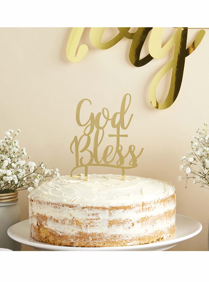 Holy Communion 20cm God Bless Gold Acrylic Cake Topper - Lifestyle Image 1