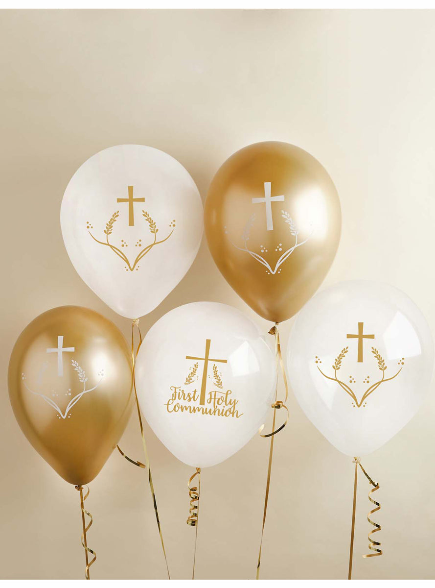 Holy Communion 5 Pack White and Gold 30cm Latex Balloons - Lifestyle Image