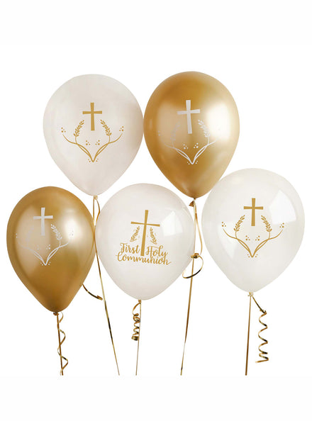 Holy Communion 5 Pack White and Gold 30cm Latex Balloons - Main Image
