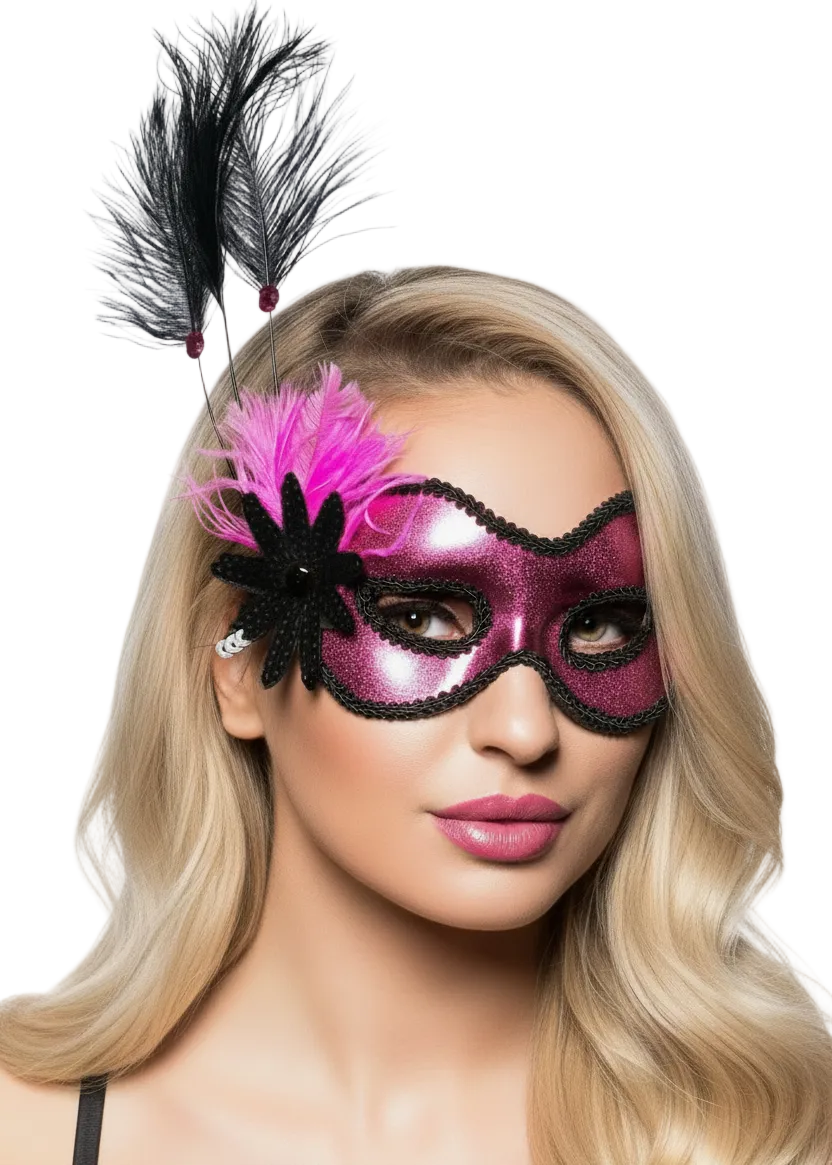 Metallic Hot Pink Vinyl Masquerade Mask with Black Trim Edges and Side Feathers - main image