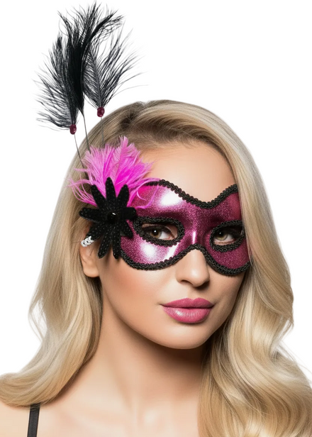 Metallic Hot Pink Vinyl Masquerade Mask with Black Trim Edges and Side Feathers - main image