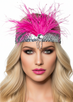 Hot Pink and Silver Feather Gatsby 1920's Costume Headband - Main Image 