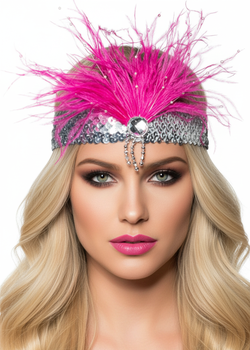 Hot Pink and Silver Feather Gatsby 1920's Costume Headband - Main Image 
