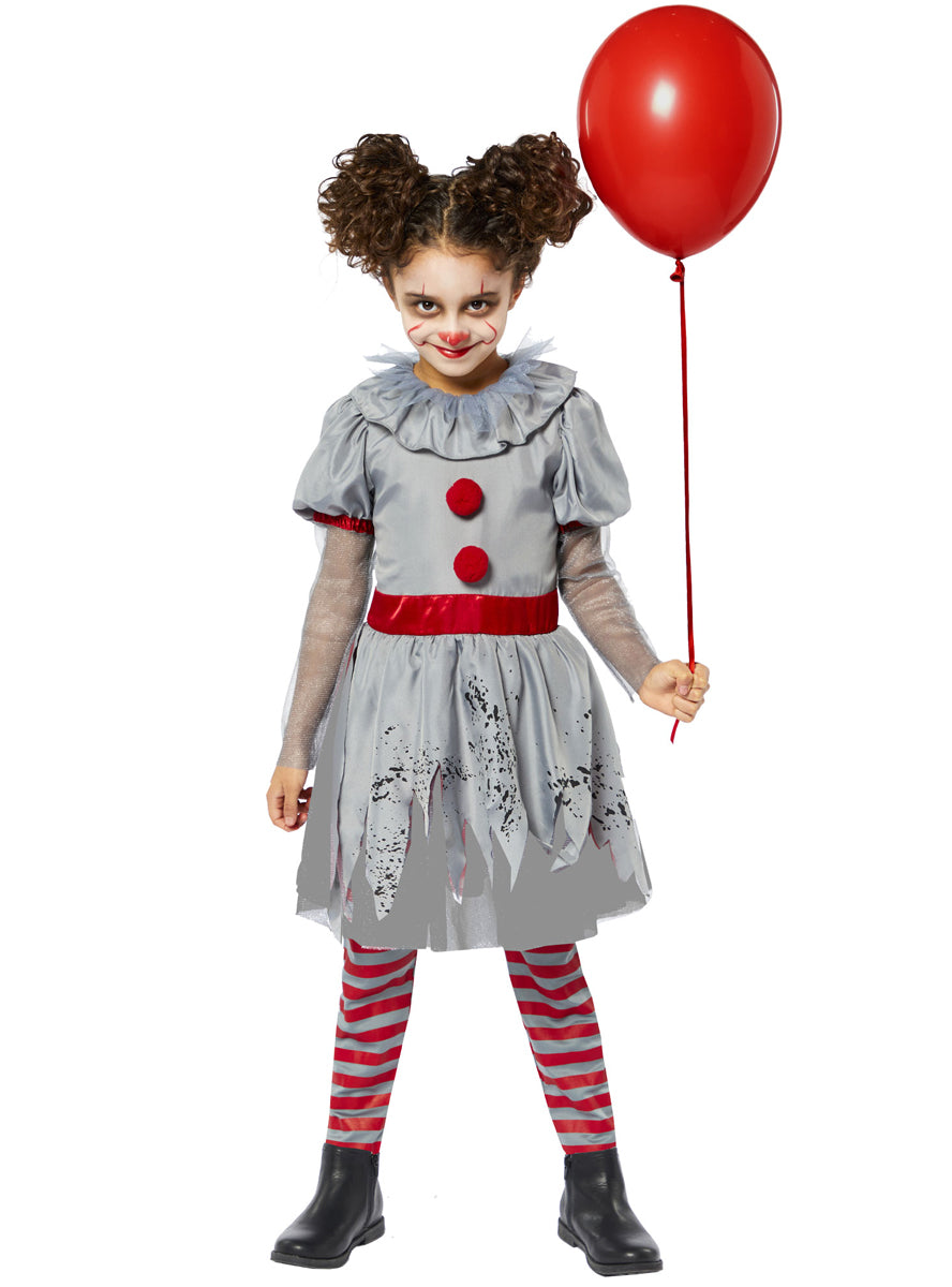 Girls Bad Clown Pennywise Halloween Costume - Main Image