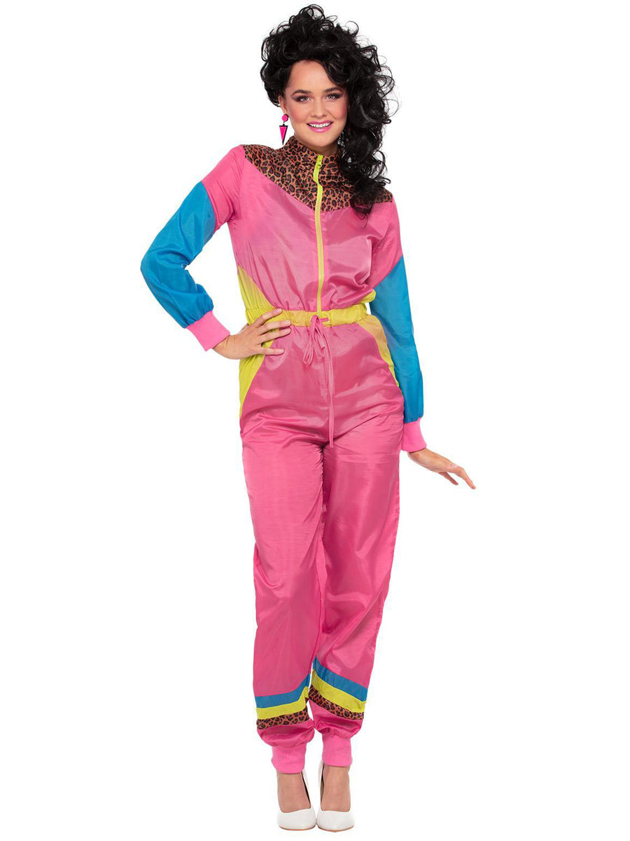 Womens plus size retro 80s pink block colour ski shellsuit costume - Main image
