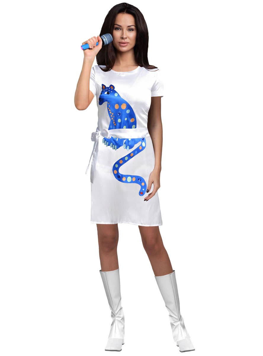 Womens White ABBA Dress with Blue Cat