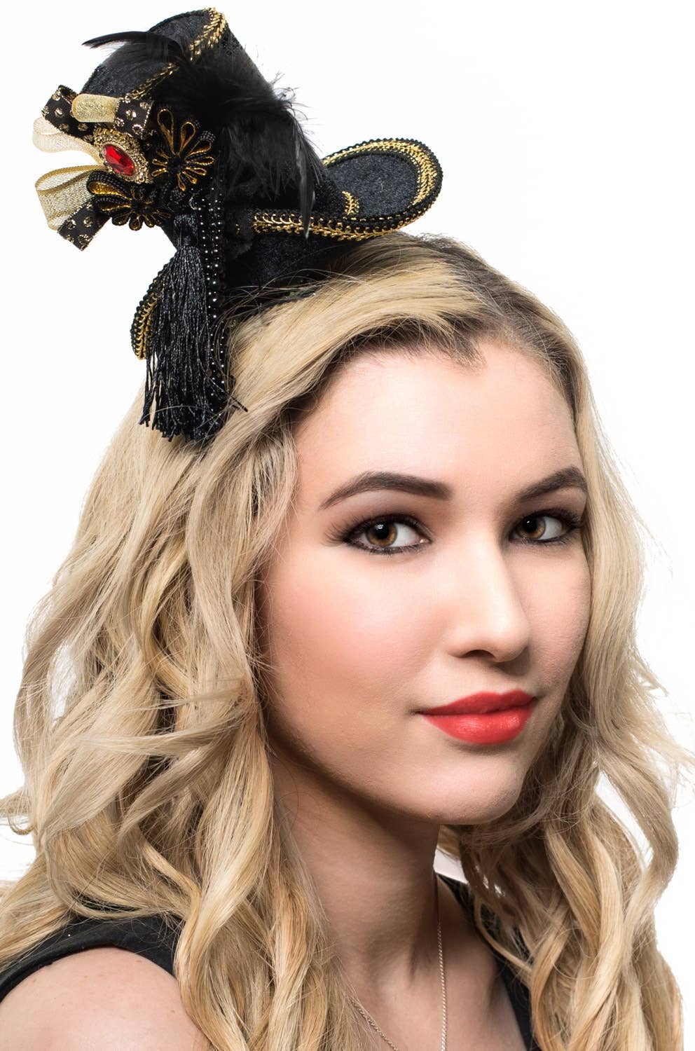 Black and Gold Velvet Mini Top Hat with Feathers