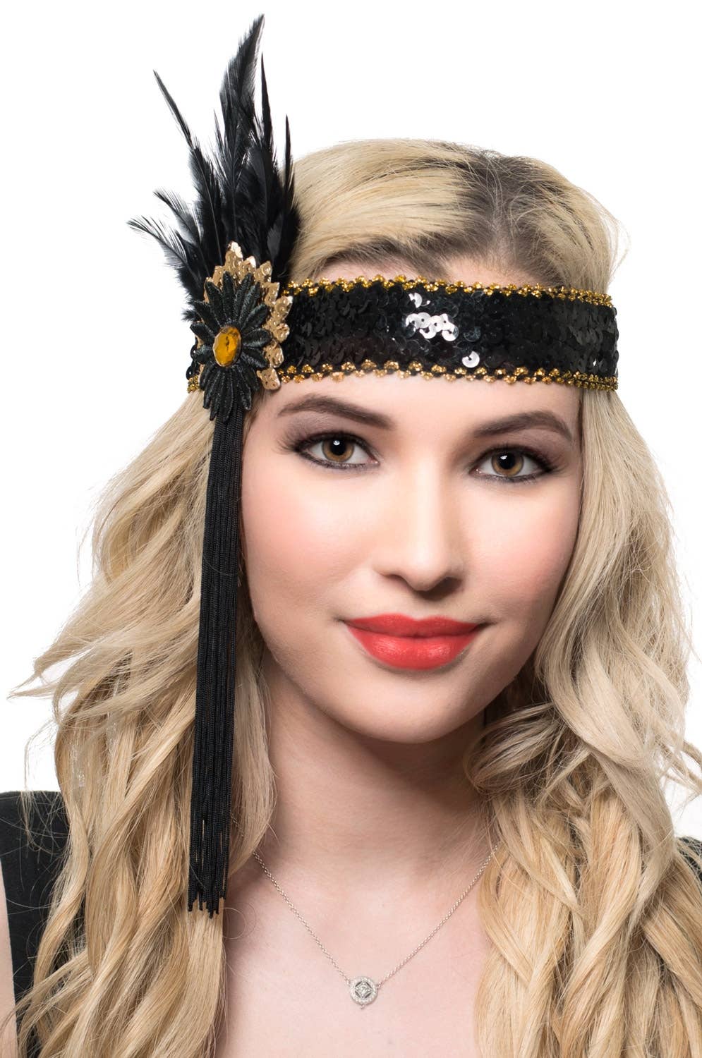 Black and Gold Feather and Tassels Flapper Headband Costume Accessory - Main Image