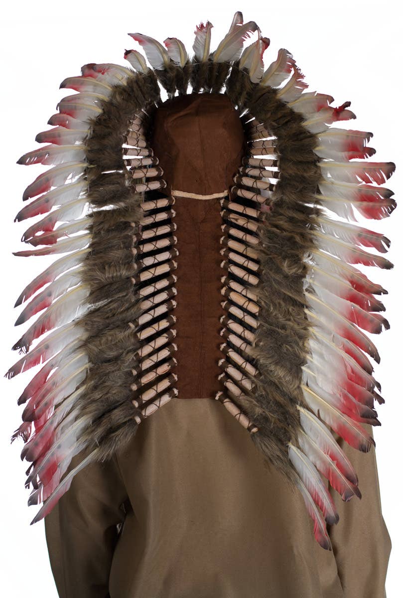 Red Brown and White Deluxe Indian Chief Feather Headdress - Back Image