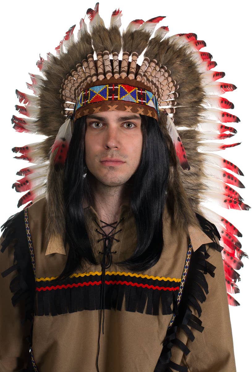 Red Brown and White Deluxe Indian Chief Feather Headdress - Front Image