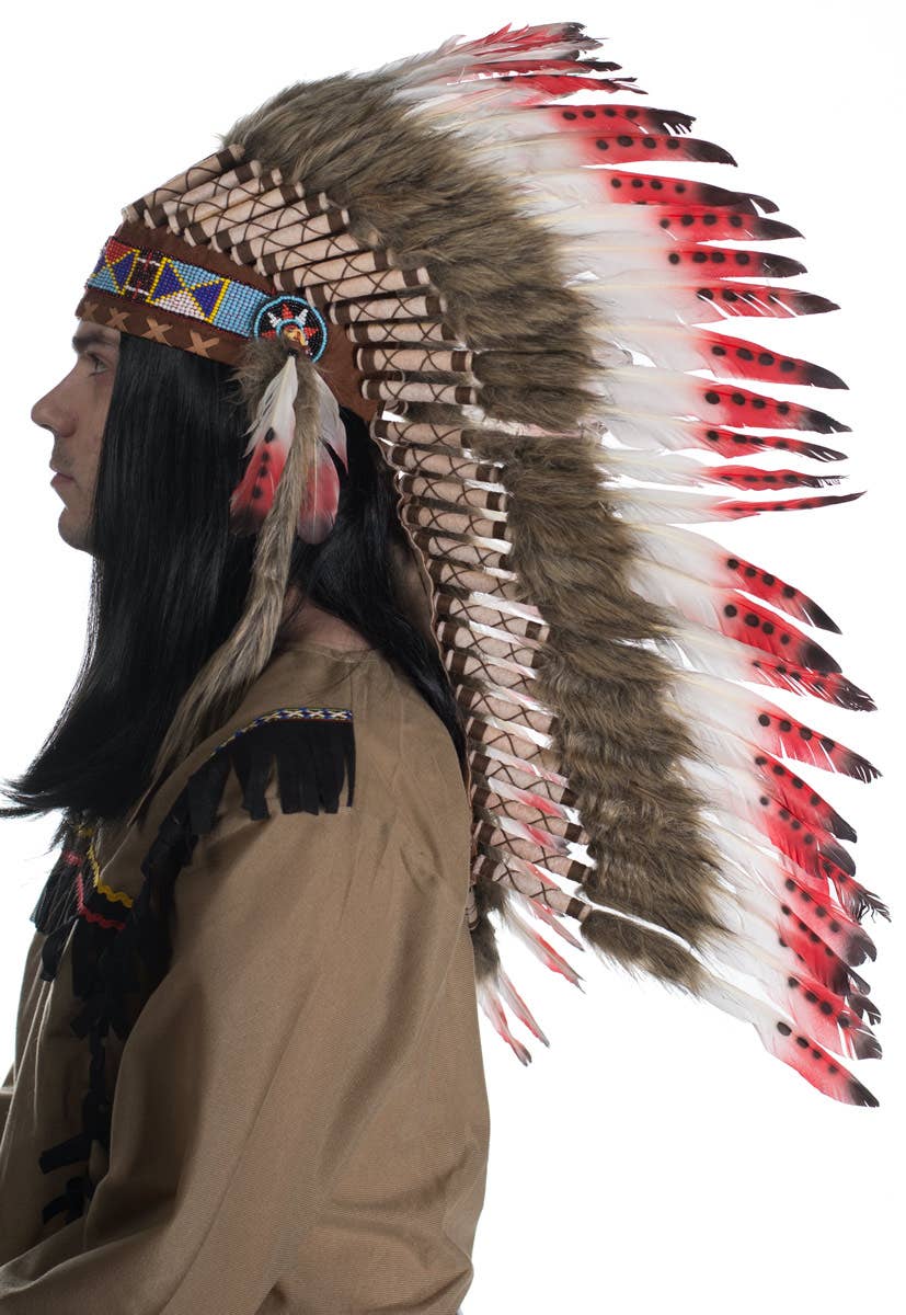 Red Brown and White Deluxe Indian Chief Feather Headdress - Side Image