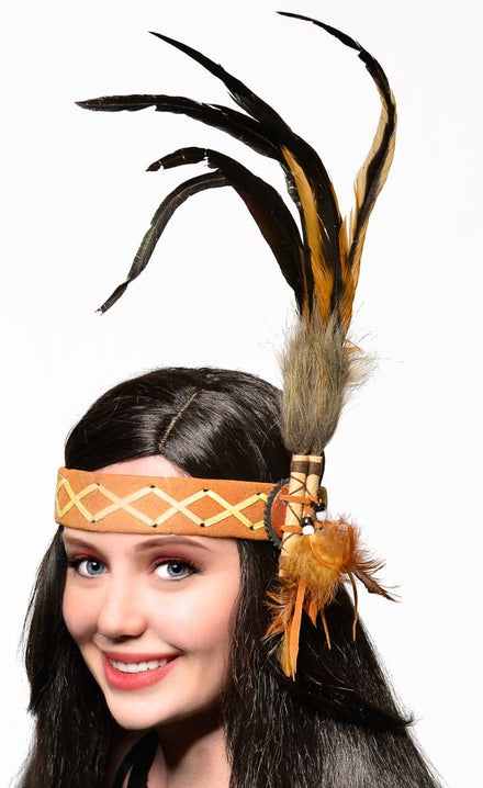 Deluxe Native American Indian Brown and Tan Costume Headband Accessory - Main Image