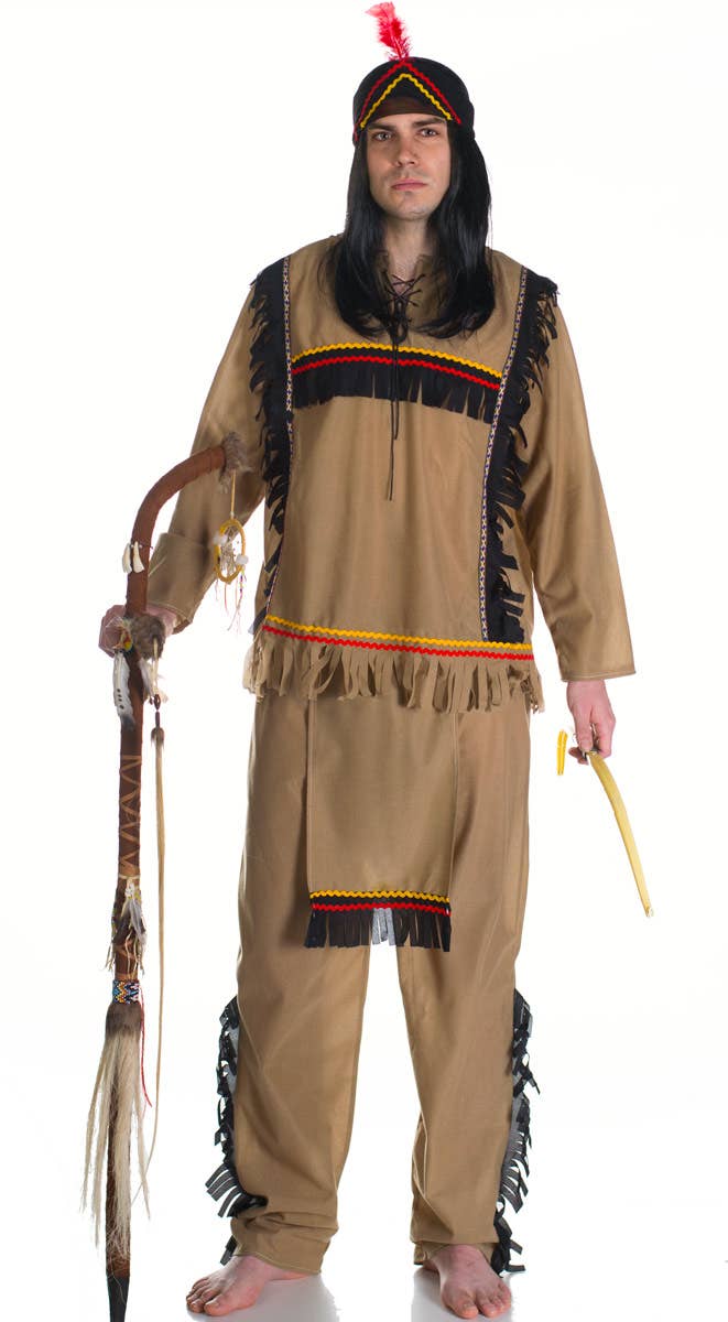 Men's Tan Brown Native American Indian Chief Fancy Dress Outfit - Image 1