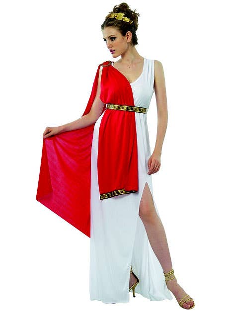 Womens Red and White Long Greek Goddess Toga Costume