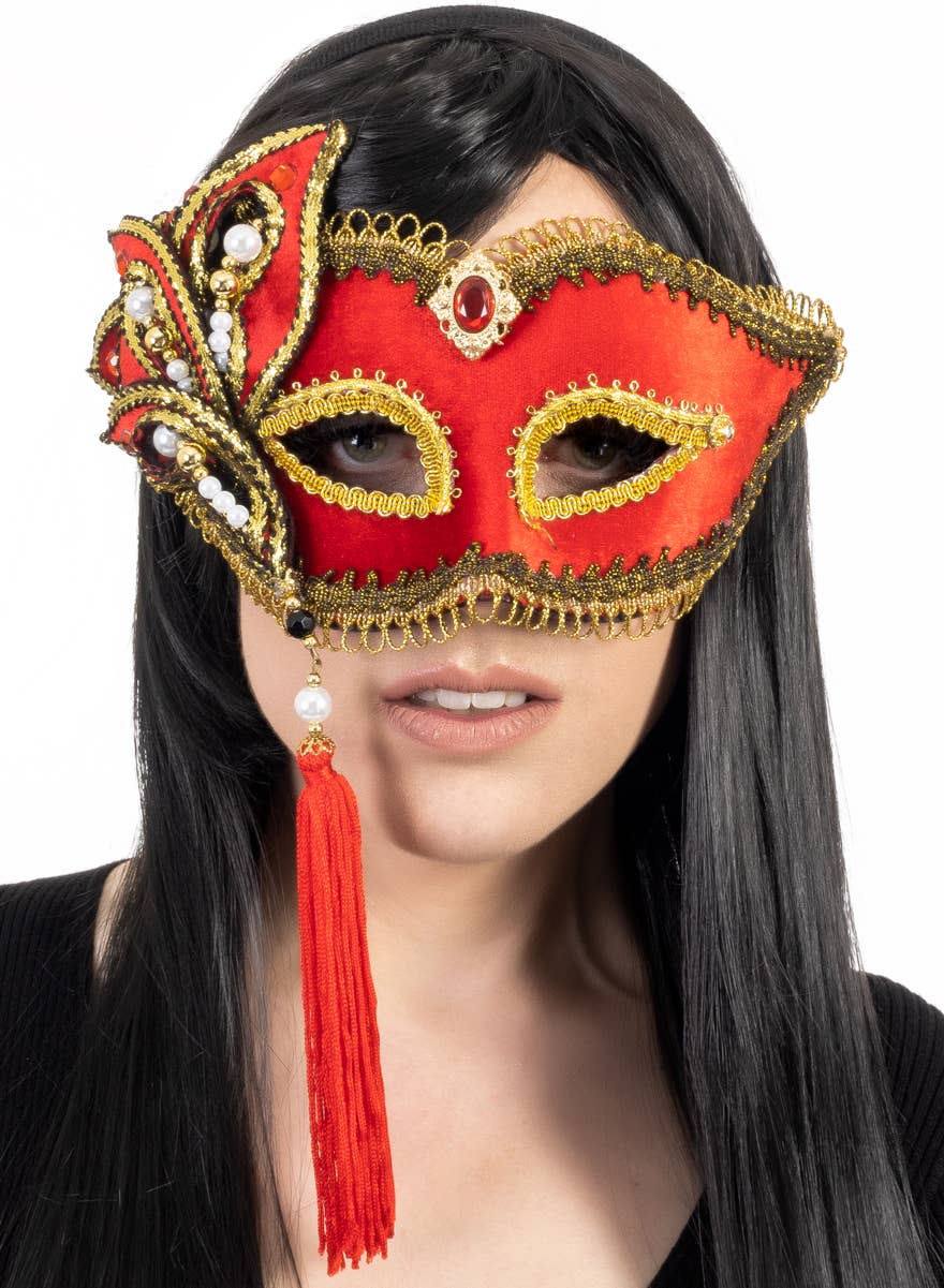 Deluxe Red Velvet Pearl and Ruby Women's Masquerade Mask - Front Image