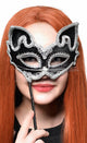 Cat Face Black and Silver Masquerade Mask on a Stick - Main Image 