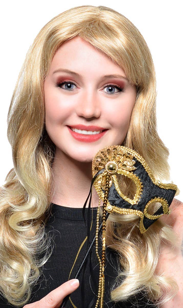 Elegant Hand Held Black Velvet and Gold Braid Masquerade Mask - Alternative Image