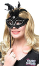Black and Silver Feather Velvet Hand Held Venetian Luxury Masquerade Mask Main Image